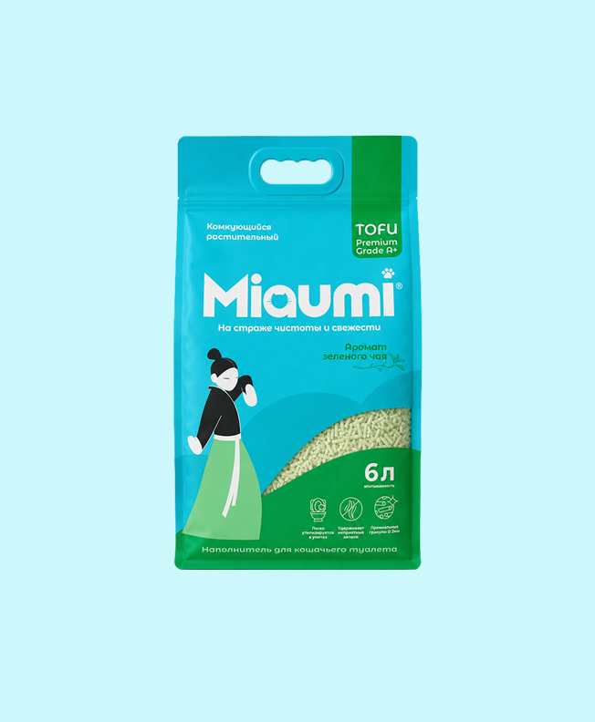 Miaumi® ТОФУ с ароматом зеленого чая – комкующийся наполнитель для кошачьего туалета