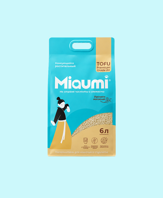 Miaumi® ТОФУ с ароматом жасмина – комкующийся наполнитель для кошачьего туалета