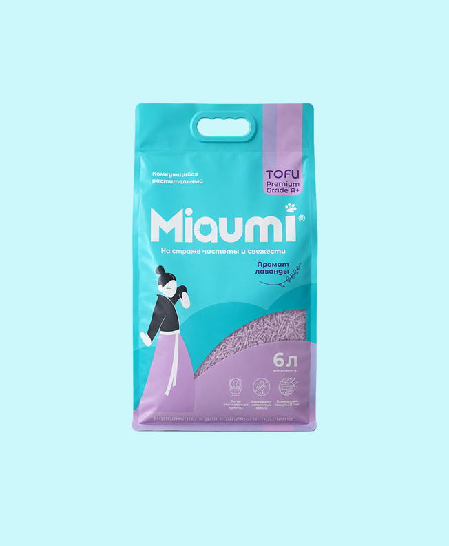 Miaumi® ТОФУ с ароматом лаванды – комкующийся наполнитель для кошачьего туалета