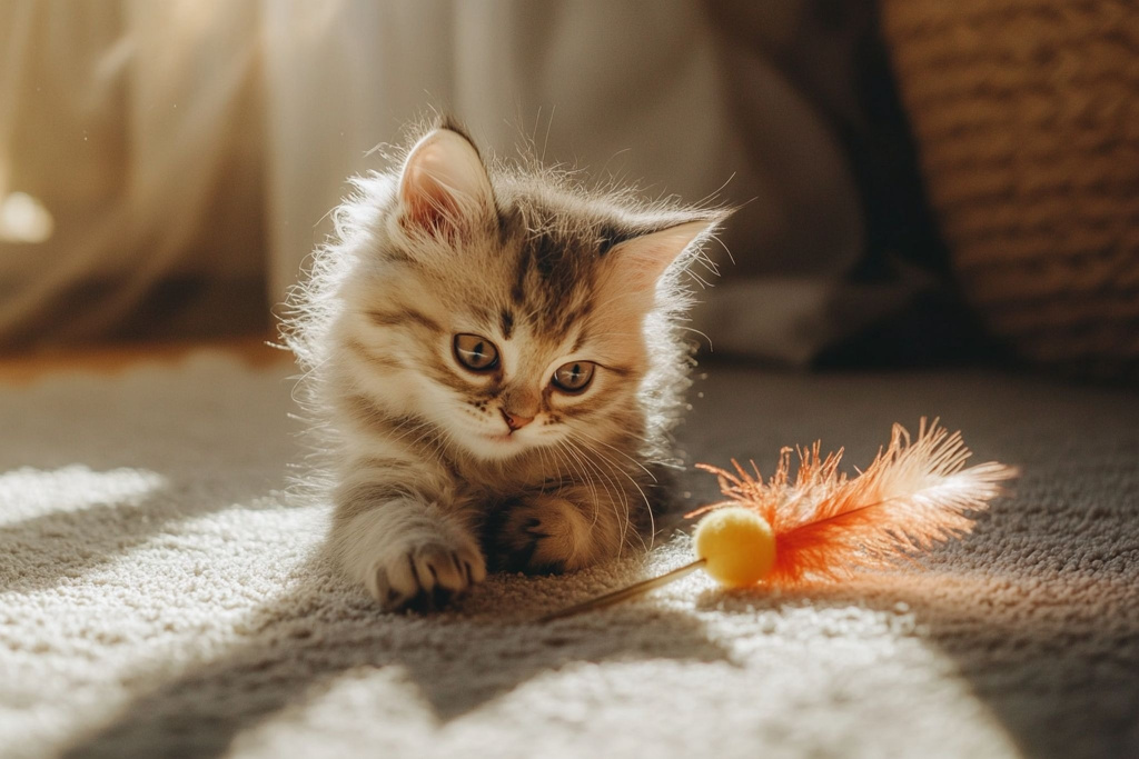 Котенок играет с пером