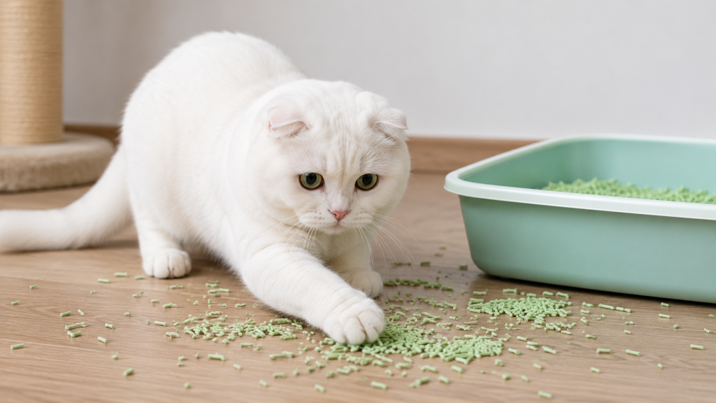 Кошка играет с наполнителем для лотка