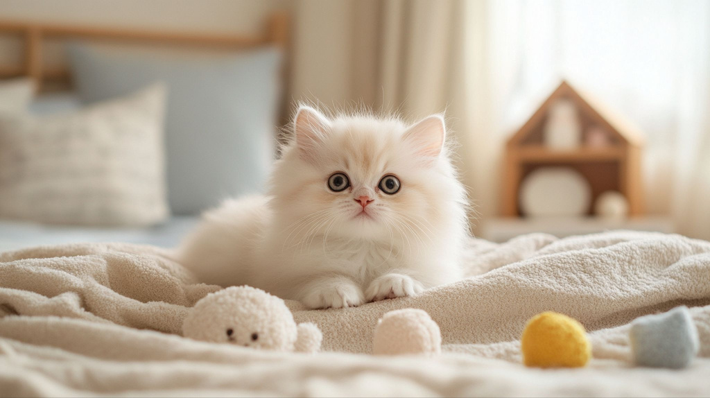 Белый котенок с игрушками