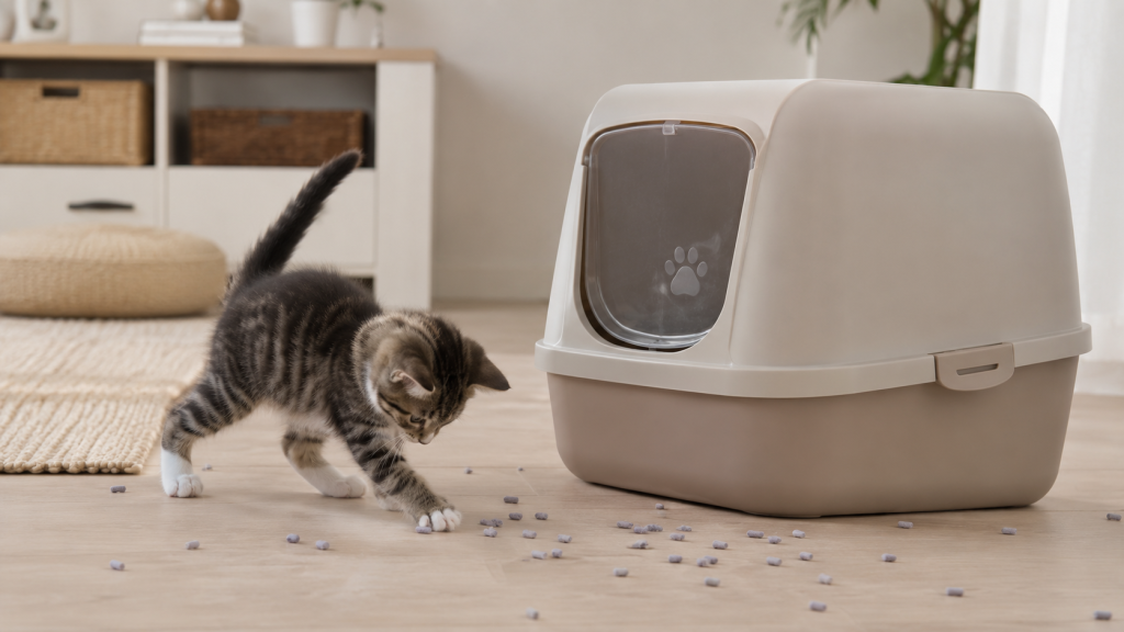 Котенок играет с наполнителем